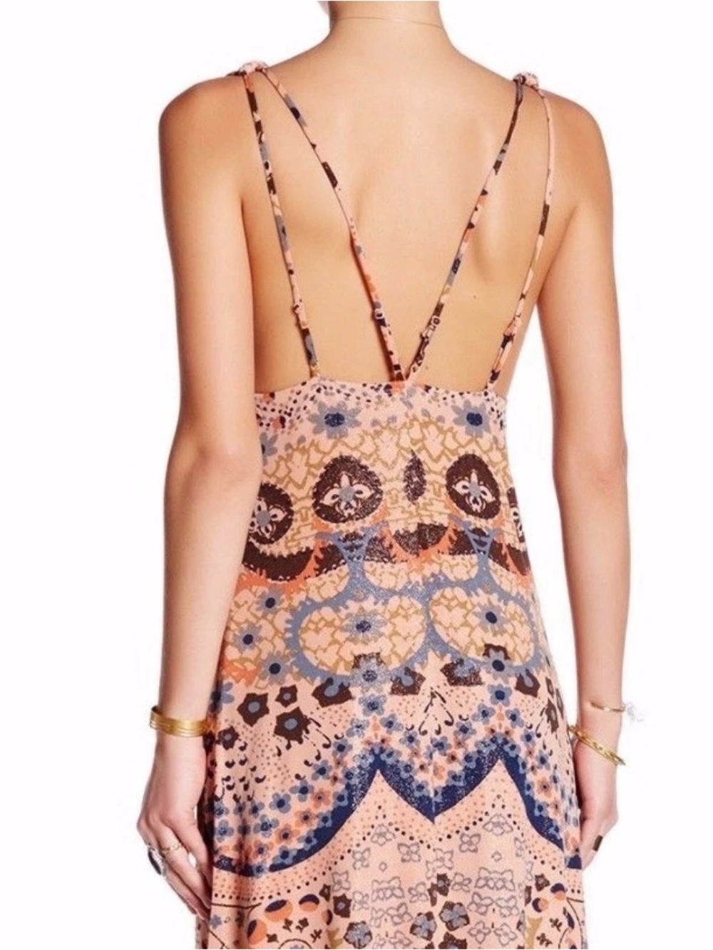 Free People Peach and Blue Printed Strappy Maxi Dress